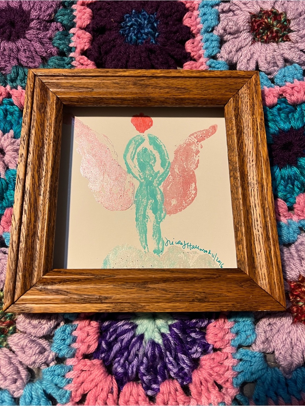 Framed Angel Wall Art in Teal and Pink by